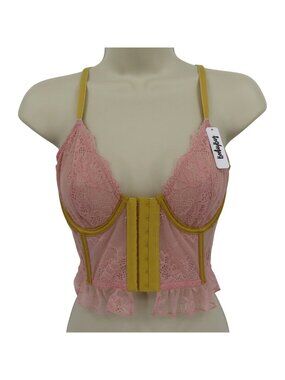 Bootay Bag Women Medium Pink Yellow Sheer Flower Lace Underwire Longline Bra NEW
